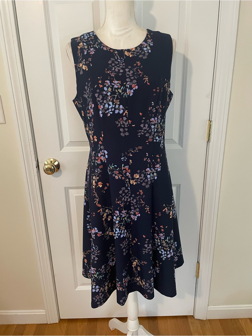 DKNY Navy Floral Sleeveless Midi Dress with Pastel Blossoms